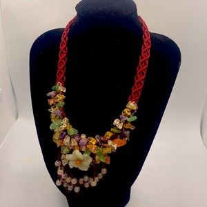 Hand Beaded Choker with Natural Gems and a Mother of Pearl Flower Pendant